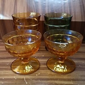 Vintage Indiana Glass dessert goblets glasses set of 4 gold amber and green